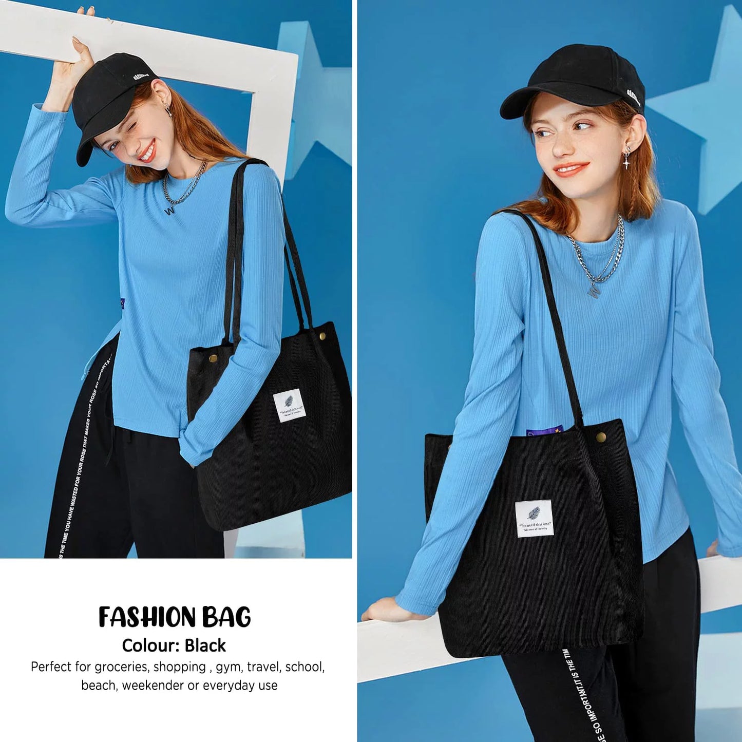 Corduroy Tote Bag Large for Women Girl Lady Canvas Shoulder Cord Purse and Handbags with Inner Pocket
