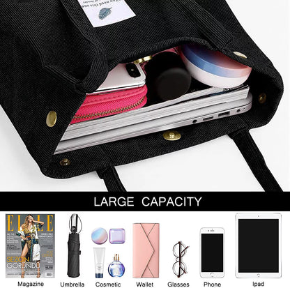 Corduroy Tote Bag Large for Women Girl Lady Canvas Shoulder Cord Purse and Handbags with Inner Pocket