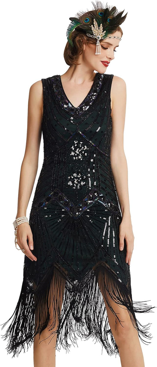 Women'S Flapper Dresses 1920S V Neck Beaded Fringed Great Gatsby Dress
