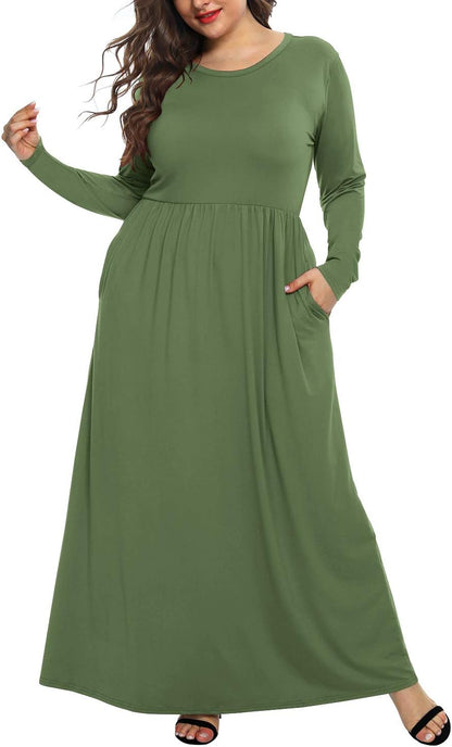 Women'S plus Size Long Sleeve Loose Plain Casual Long Maxi Dresses with Pockets