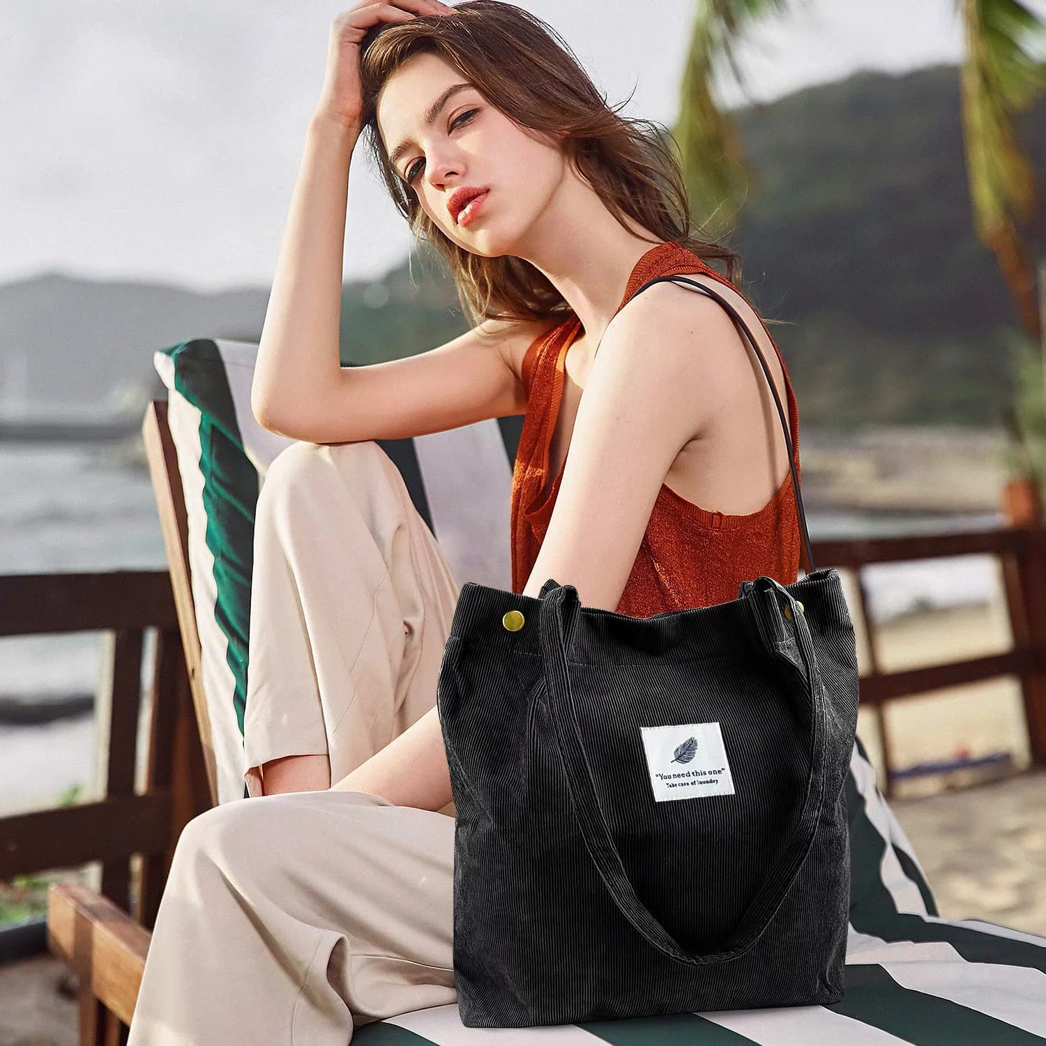 Corduroy Tote Bag Large for Women Girl Lady Canvas Shoulder Cord Purse and Handbags with Inner Pocket