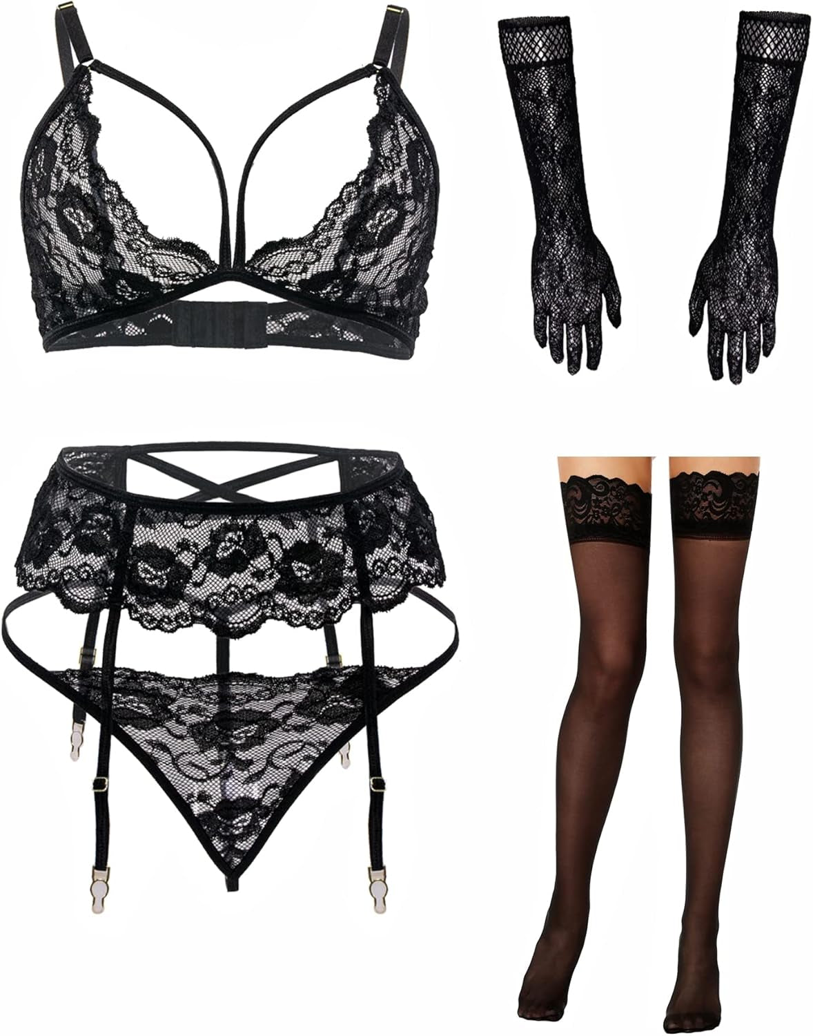 Women Lingerie with Stockings and Gloves, Sexy Garter Belt Lingerie Set