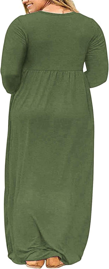 Women'S plus Size Long Sleeve Loose Plain Casual Long Maxi Dresses with Pockets