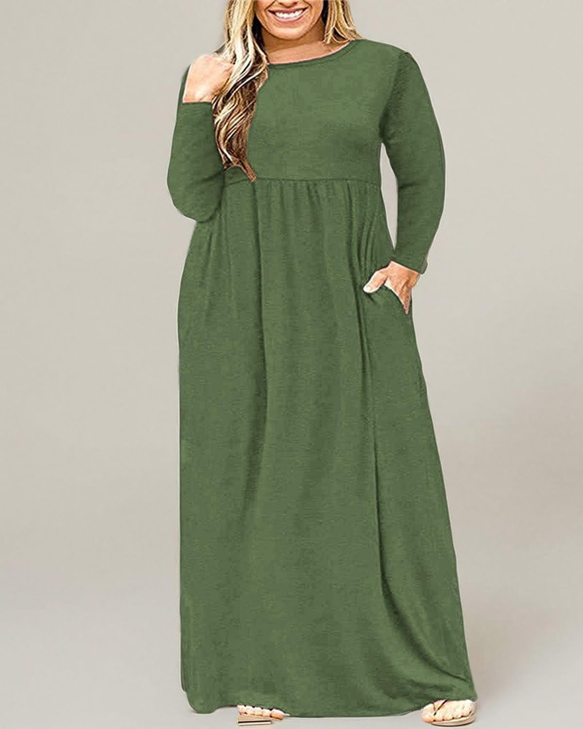 Women'S plus Size Long Sleeve Loose Plain Casual Long Maxi Dresses with Pockets