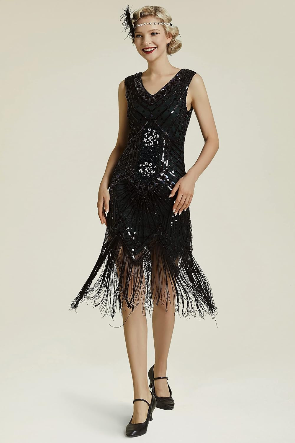Women'S Flapper Dresses 1920S V Neck Beaded Fringed Great Gatsby Dress