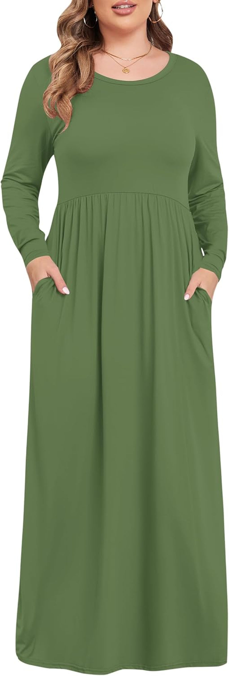 Women'S plus Size Long Sleeve Loose Plain Casual Long Maxi Dresses with Pockets