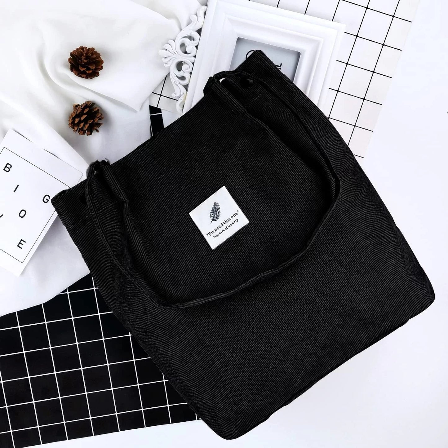 Corduroy Tote Bag Large for Women Girl Lady Canvas Shoulder Cord Purse and Handbags with Inner Pocket