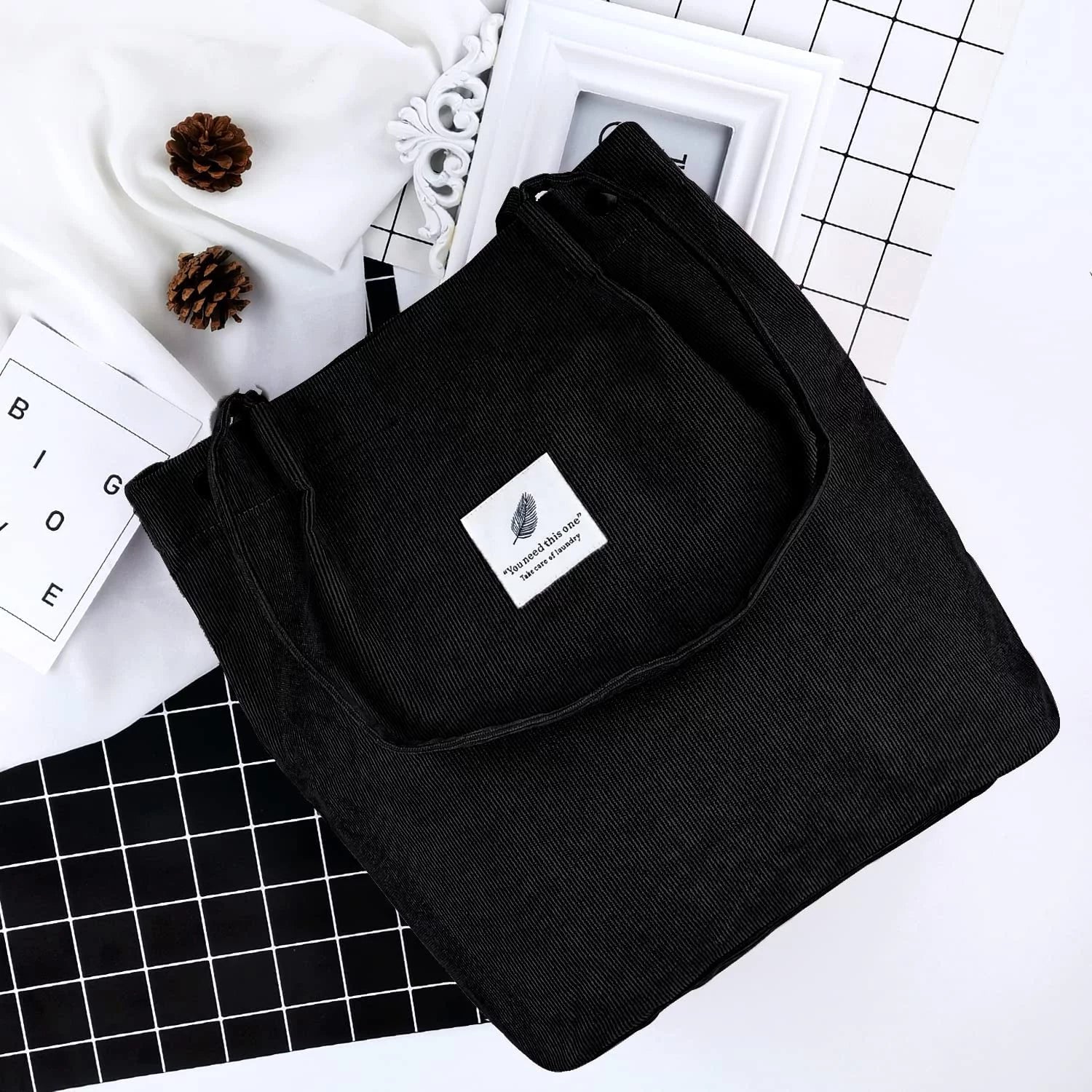 Corduroy Tote Bag Large for Women Girl Lady Canvas Shoulder Cord Purse and Handbags with Inner Pocket