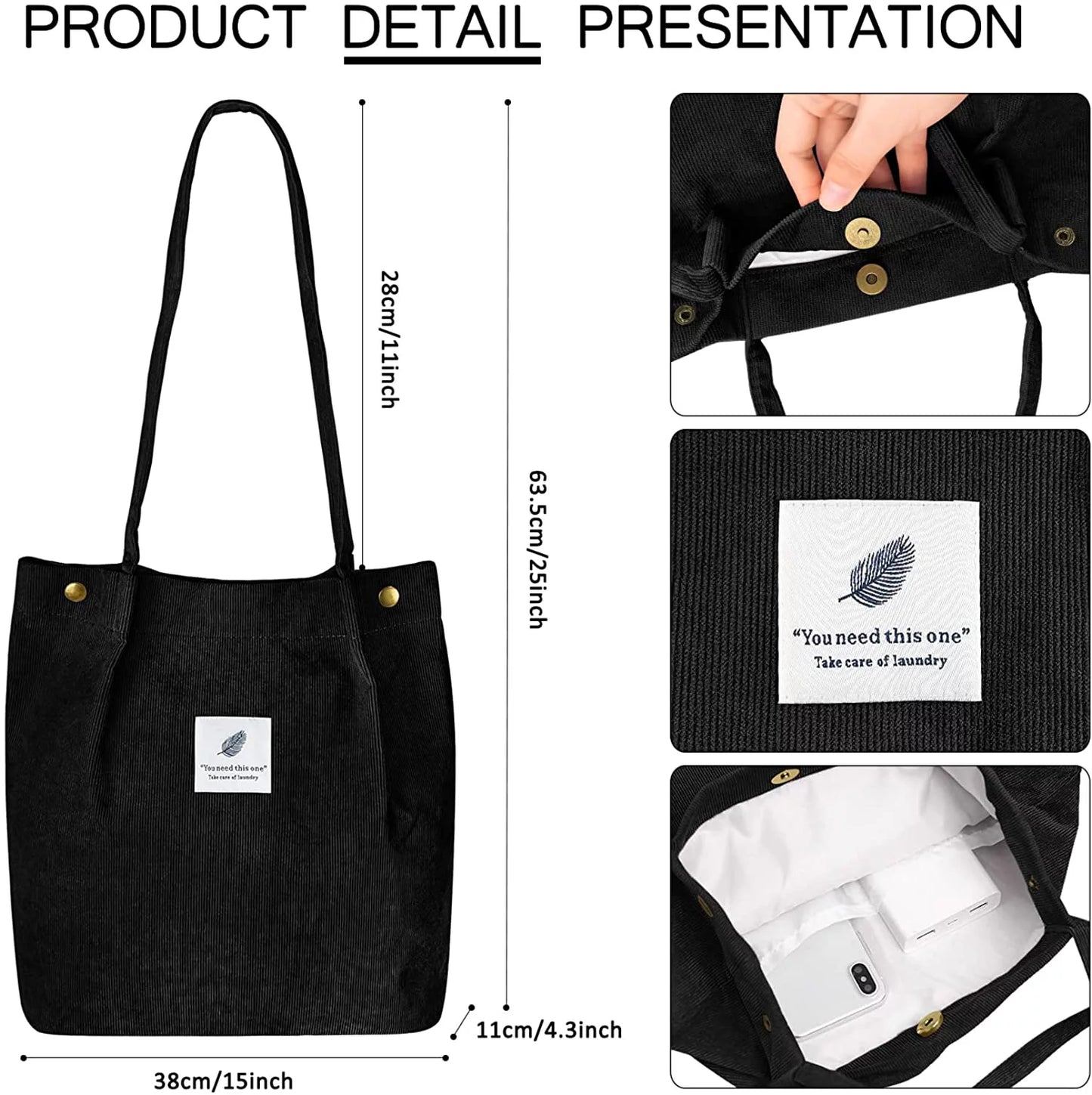 Corduroy Tote Bag Large for Women Girl Lady Canvas Shoulder Cord Purse and Handbags with Inner Pocket